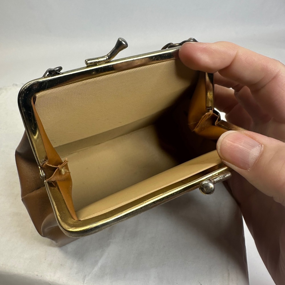 Vintage Style Cognac Brown Bow Frame‎ Clutch Kiss Lock Chain Handle Handbag - Picture 6 of 10